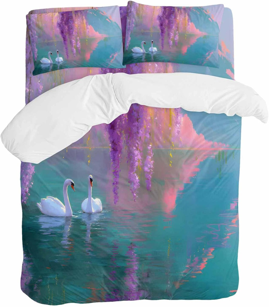 Swan Duvet Cover Set Queen Size 4 Pieces Oil Painting Spring Wisteria Gradient Pink Green Lake Bedding Set with Zipper Closure, 1 Comforter Cover 92x106 Inches 1 Flat Sheet & 2 Pillow Cases