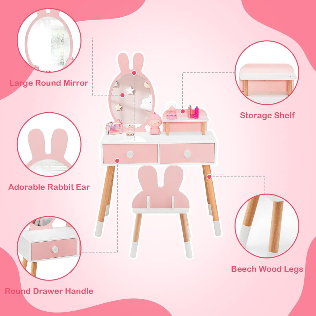 GLACER Kids Vanity & Jewelry Armoire, Princess Dressing Table and Chair Set, Wood Kids Dress Up Storage with Full-Length Mirror, 2 Adjustable Tilt Angles, Kids Bedroom Furniture Set for Girls (Pink)
