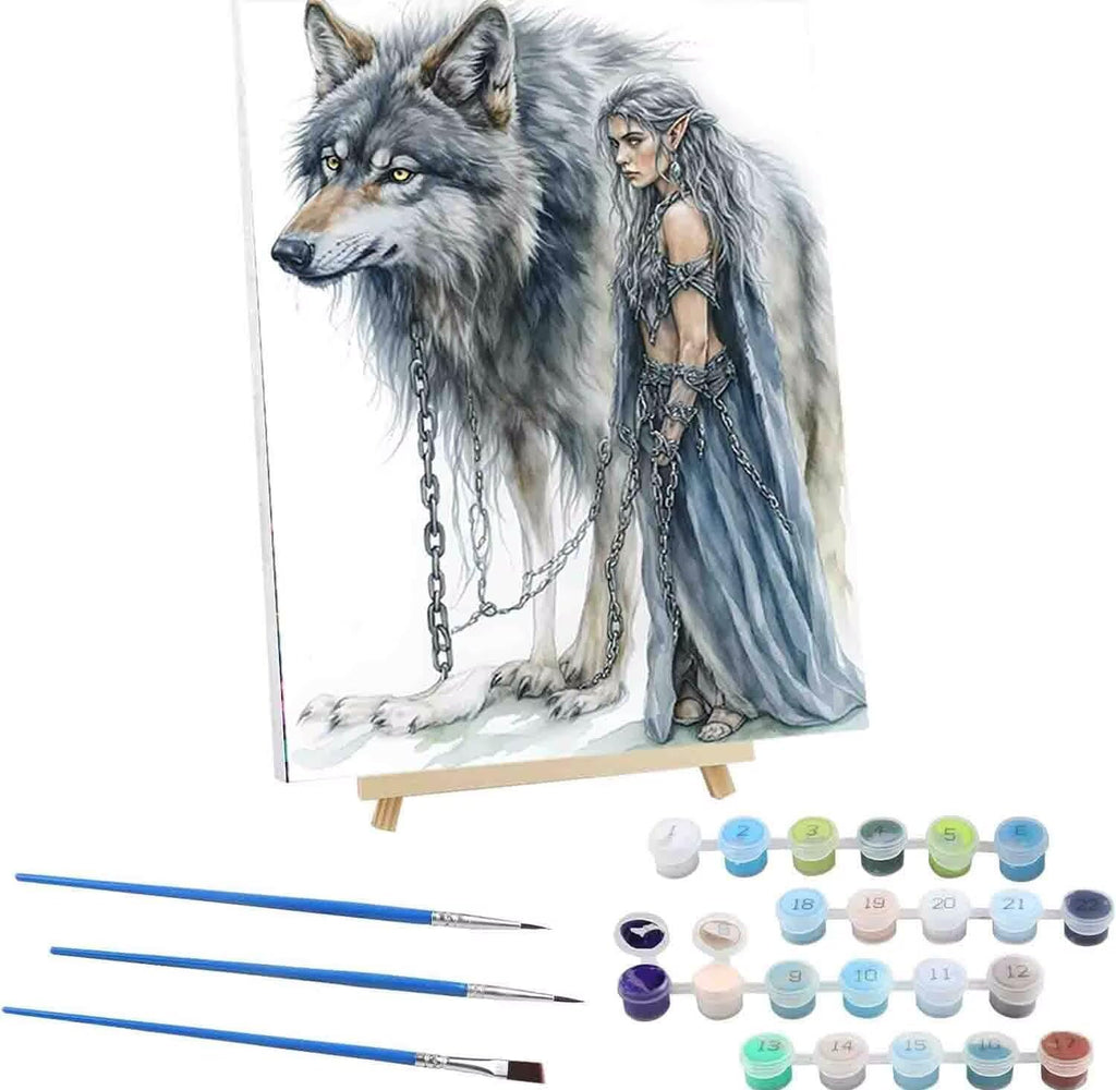 Wolf Paint by Numbers Woman Paint by Numbers Kit for Adults with 3 Paintbrushes and Acrylic Pre Drawn Canvas Oil Painting Crafts Set, Home Wall Decor Gifts, Hobbies for Women 40x53in with Frame -12iI
