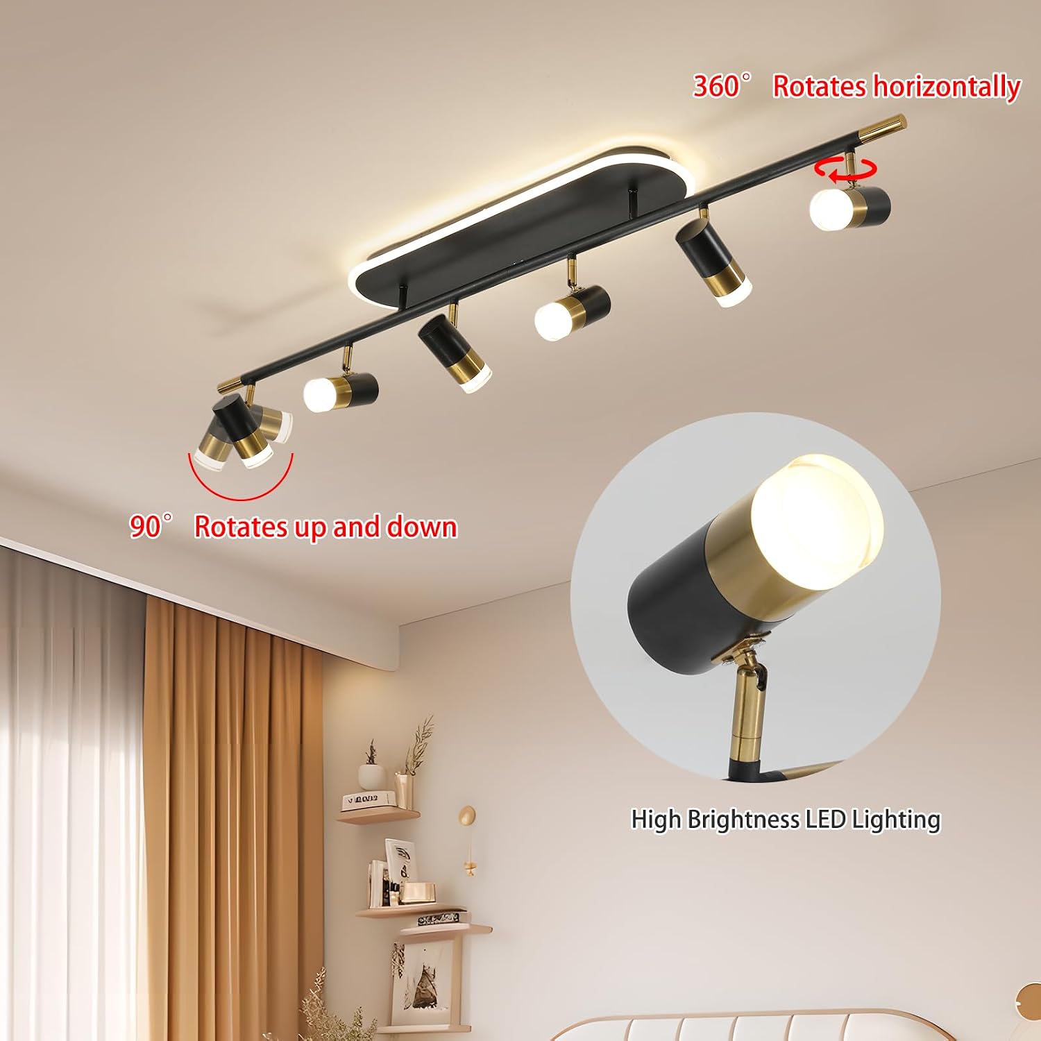 Jaycomey Modern LED Ceiling Lights, Dimmable 6-Light Flush Mount Ceiling Lamp Fixture with Remote, 51'' Black and Gold Directional Ceiling Ligting for Hallway Kitchen Bedroom Entry (60W/3600 Lumens)