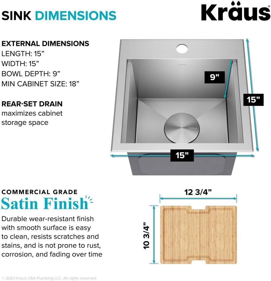 KRAUS Kore 15-Inch Drop In/Top Mount Workstation 16 Gauge Single Bowl Stainless Steel Bar Kitchen Sinks with Accessories