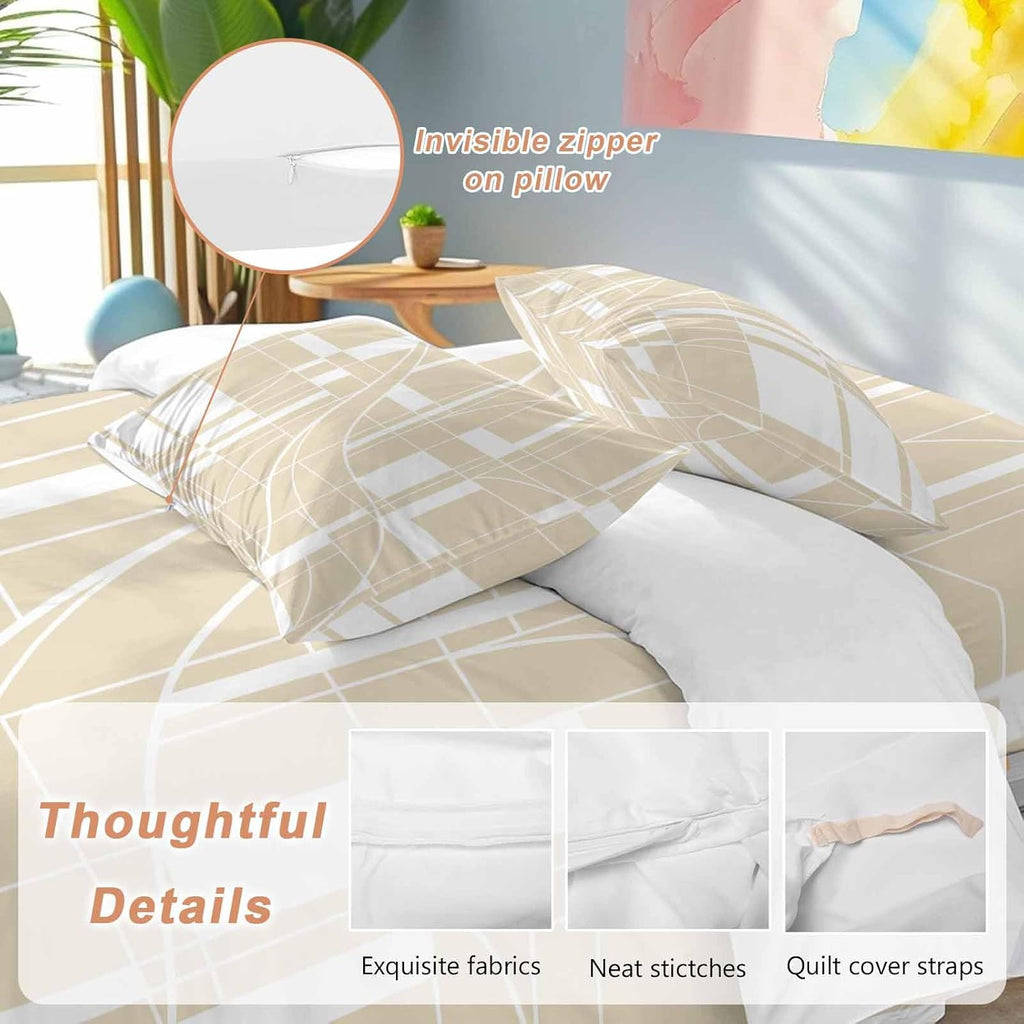 Prime Leader Lines Duvet Cover Set Queen Size 4 Pieces Abstarct Geometric White Lines Plaid Light Brown Bedding Set with Zipper Closure, 1 Comforter Cover 92x106 Inches 1 Flat Sheet & 2 Pillow Cases
