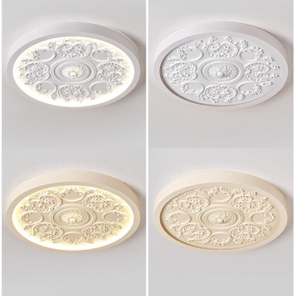 French Country Flush Mount Ceiling Light, Vintage Ornate Ceiling Lamp with Carved Medallion Design, Round Backlit LED Fixture for Bedroom, Living Room, Hallway, Dining Room(White,43CM)