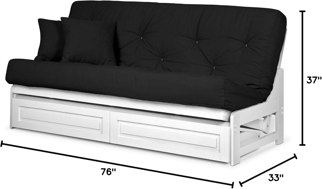 Nirvana Futons Arden White Futon with Storage Drawers Full or Queen Size - Space Saving Armless Design with Comfortable Mattress (Twill Black), Sofa Bed Available in