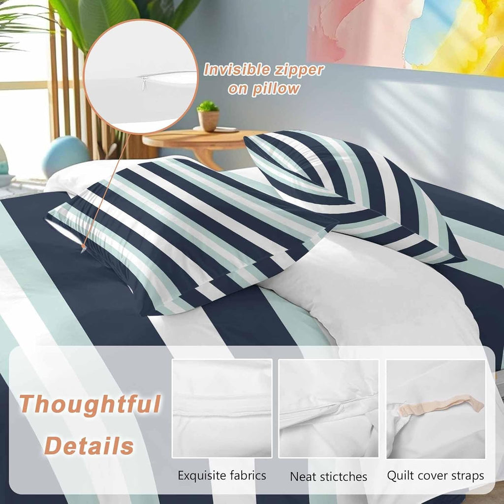 Prime Leader Turquoise Navy Blue Stripe Duvet Cover Set Queen Size 4 Pieces Modern Abstract Minimalist Bedding Set with Zipper Closure, 1 Comforter Cover 86x86 Inches 1 Flat Sheet & 2 Pillow Cases