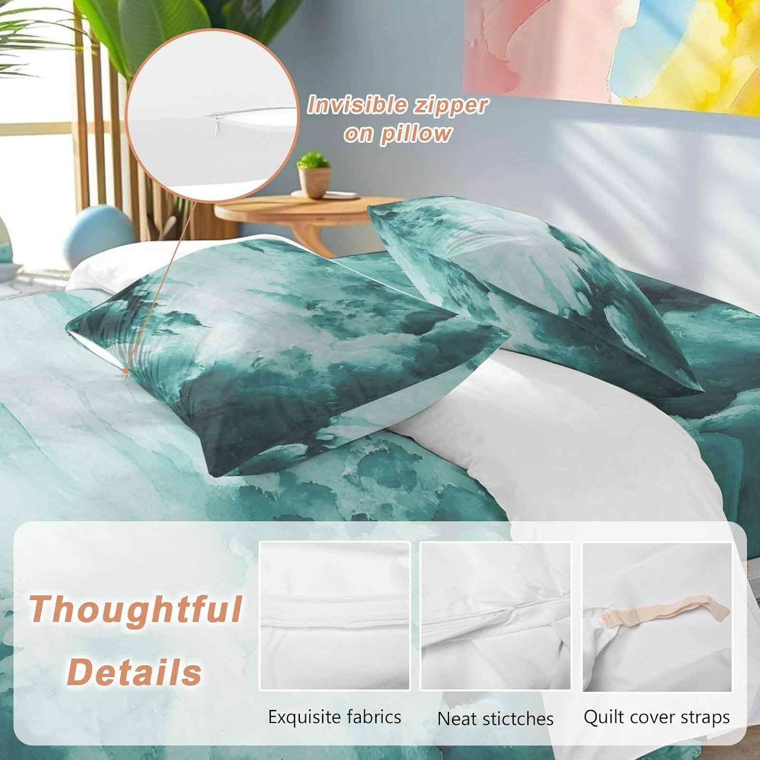 Prime Leader Clouds Duvet Cover Set Queen Size 4 Pieces Abstract Gradient Green Clouds Sky Bedding Set with Zipper Closure, 1 Comforter Cover 92x106 Inches 1 Flat Sheet & 2 Pillow Cases