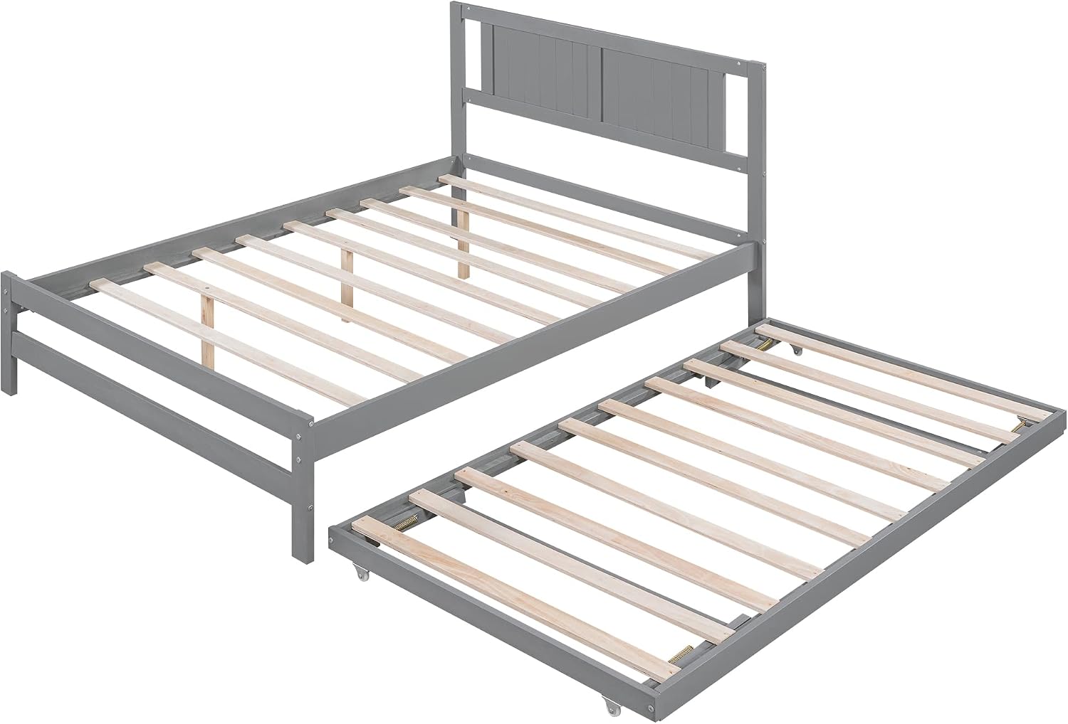 Merax Full Size Wooden Platform Bed with Headboard and Twin Size Adjustable Trundle for Kids, Gray Full Bed with Wood Slats Support for Kidsroom or Bedroom, No Box Spring Needed