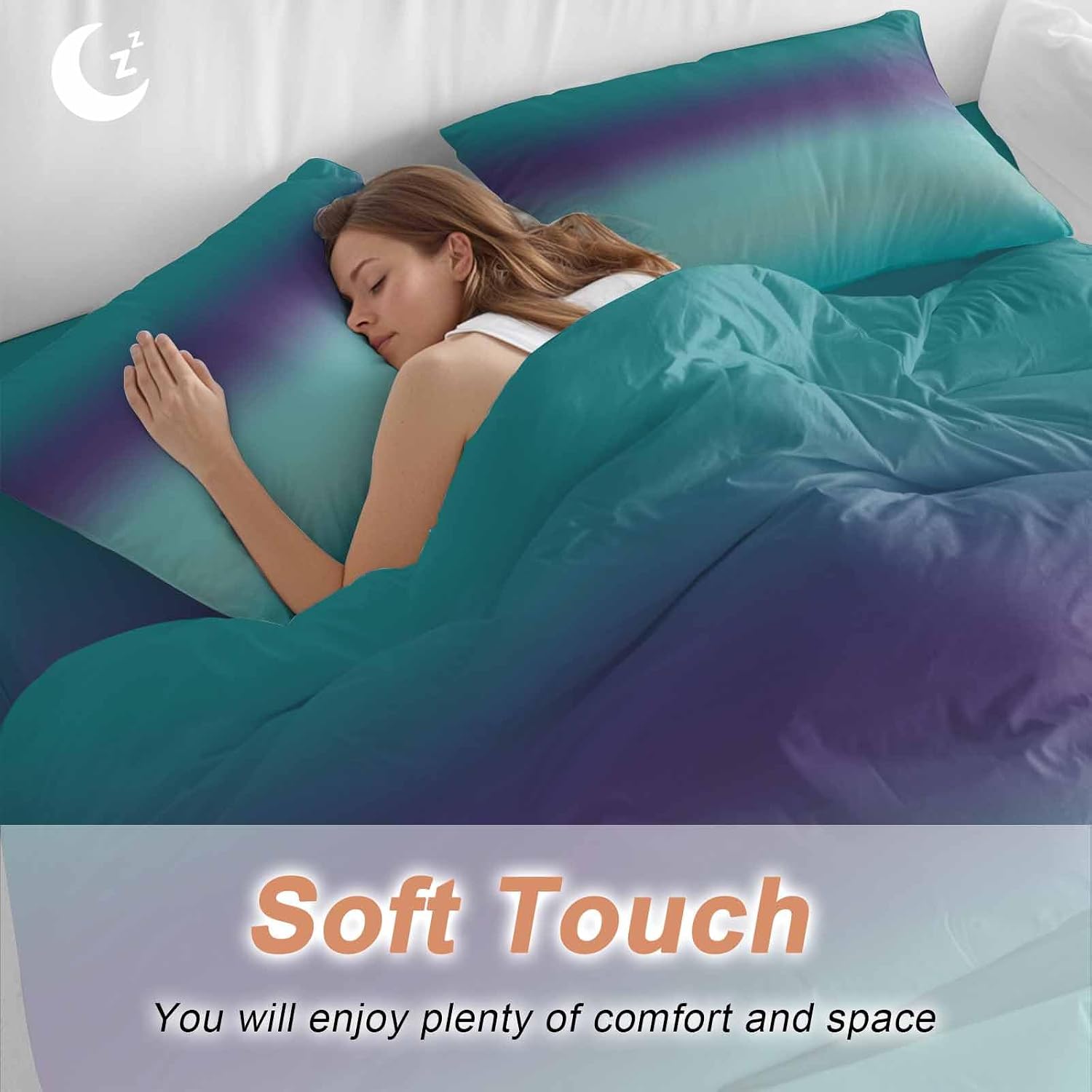 Gradient Green Duvet Cover Set Queen Size 4 Pieces Modern Minimalist Green Purple Ocean Beach Bedding Set with Zipper Closure, 1 Comforter Cover 90x92 Inches 1 Flat Sheet & 2 Pillow Cases