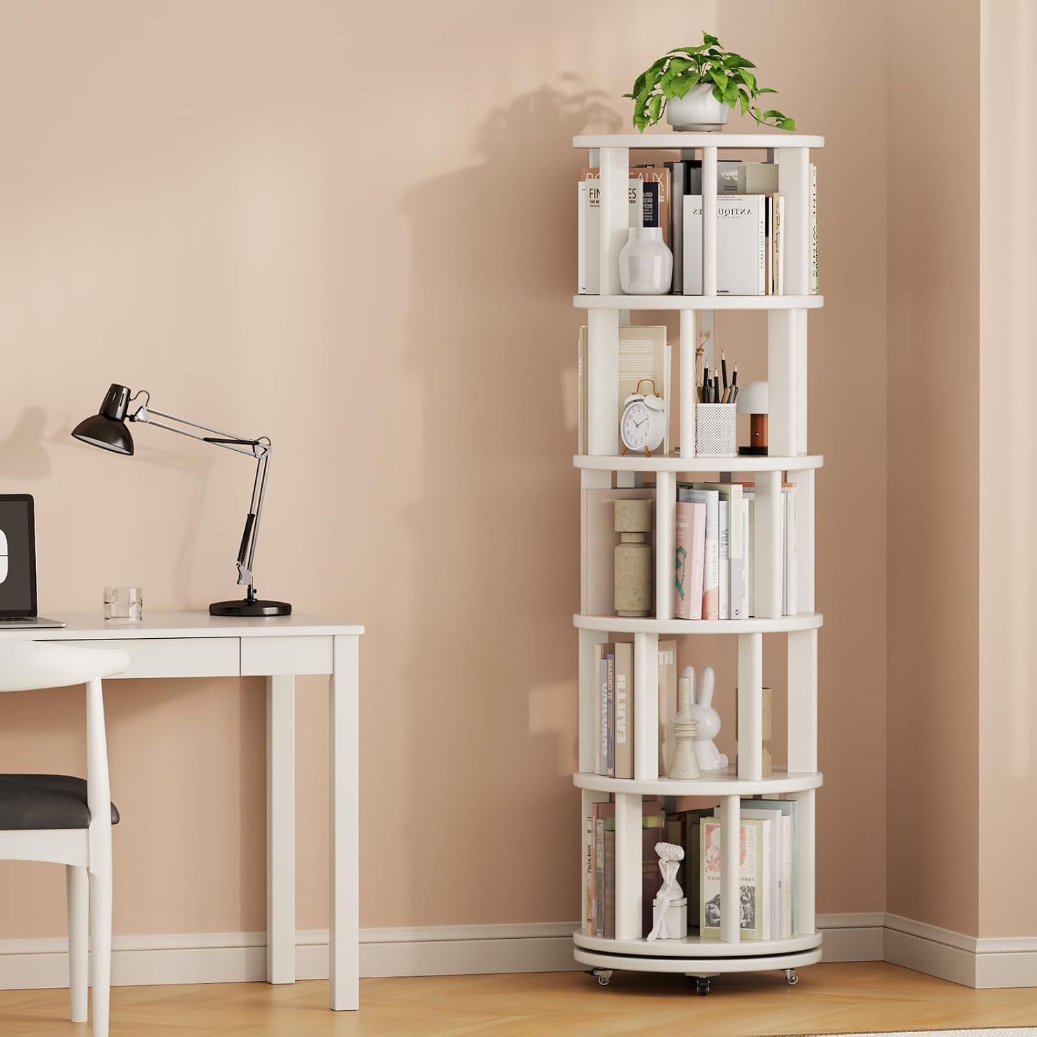 Muwuele Solid Wood Rotating Bookshelf on Wheels, 5 Tier, Round Revolving Bookcase, 360° Spinning Book Shelf Tower for Kids, Narrow Rolling Bookshelves for Small Space, Corner, Bedroom, Office, White
