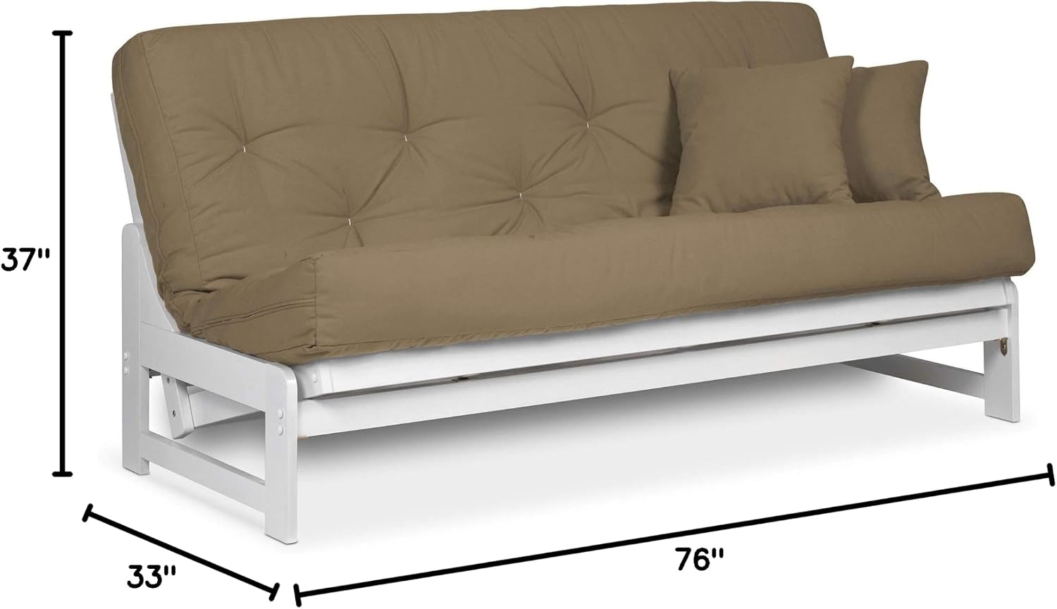 Nirvana Futons Arden White Futon Set Full or Queen Size - Armless Wood Futon Frame with Mattress (Microfiber Sussex Khaki), Space Saving Modern Sofa Bed Sleeper