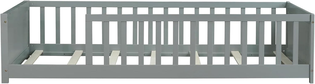 Twin Size Kids Montessori Floor Bed,Twin Floor Bed Frame with Slats and Bookcase,Solid Wood Montessori Bed for Girls Boys,Grey