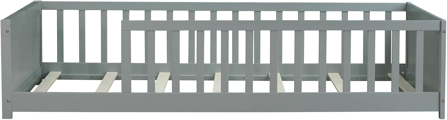 Twin Size Kids Montessori Floor Bed,Twin Floor Bed Frame with Slats and Bookcase,Solid Wood Montessori Bed for Girls Boys,Grey