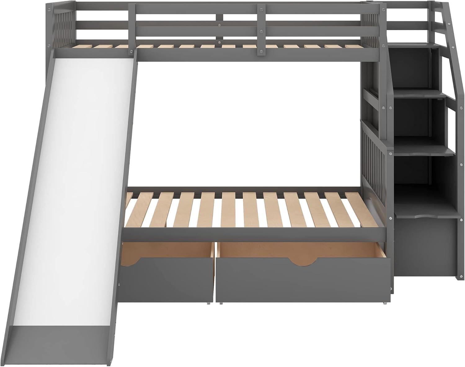 Twin Over Full Size Bunk Bed with Drawers and Slide, Bed Room Solid Wood Storage Bed Frame W/Ladder can be Interchanged Left and Right,for Kids Teens Boys Girls,Gray