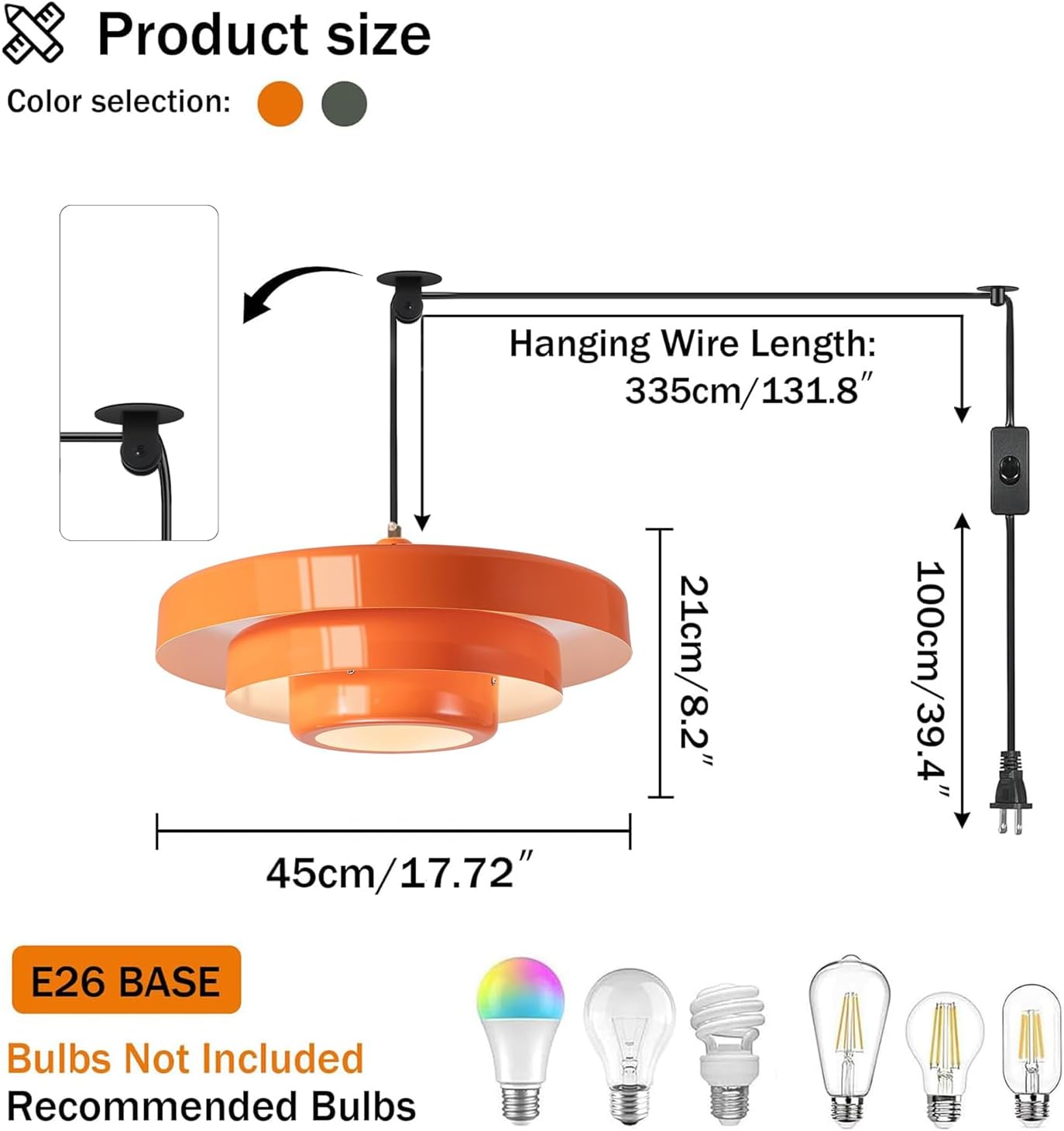 Plug in Pendant Light Fixtures, Plug in Chandelier Mid Century Modern Hanging Lamp with Pulley Nordic Style Pendant Lamp Metal Shade On/Off Switch Hanging Light for Living Room Dining Bedroom Kitchen