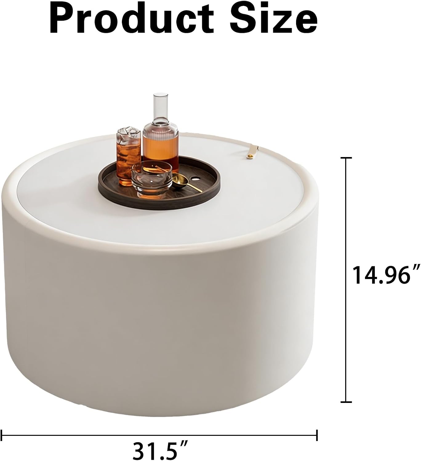 Round Living Room Table Set with Hidden Storage, 27.56' White Drum Center Table and 19.69' Black Coffee Table Set, 2 Pieces Coffee Table Set with Tempered Glass Top and PU Leather Body