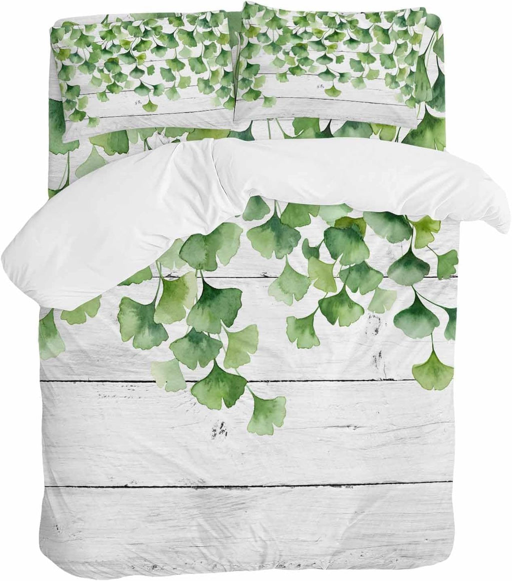 Summer Botanical Duvet Cover Set Queen Size 4 Pieces Watercolor Gradient Green Leaves White Wood Grain Bedding Set with Zipper Closure, 1 Comforter Cover 92x106 Inches 1 Flat Sheet & 2 Pillow Cases