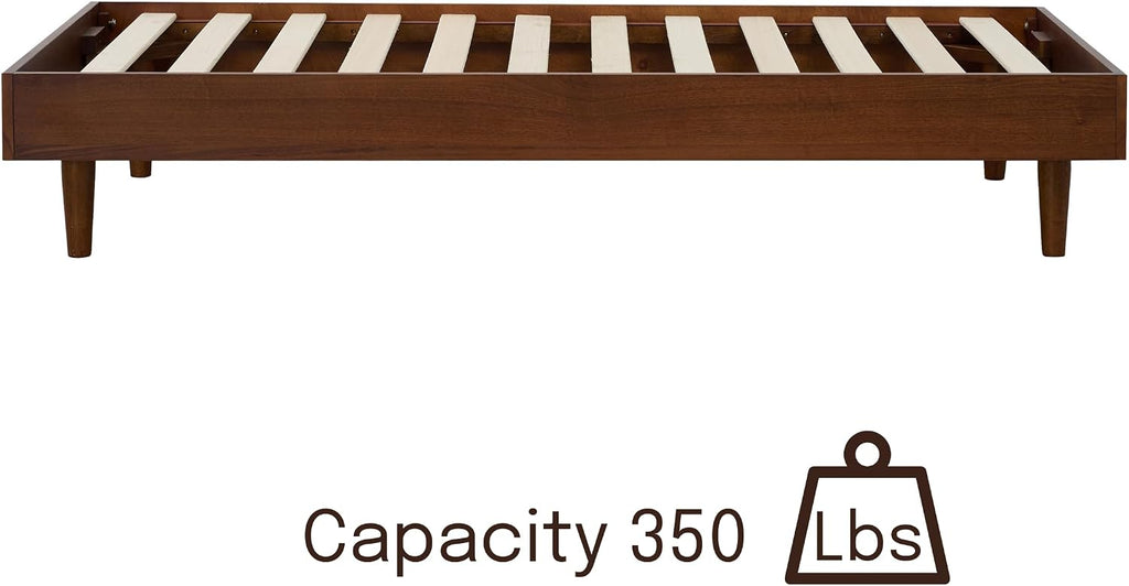 NTC Fly Wooden Bed Frame Without Headboard, Solid Wood Foundation with Silent Slats and Wood Central Supports, 350Lb Capacity, Effortless Assembly, Twin - Dark Walnut
