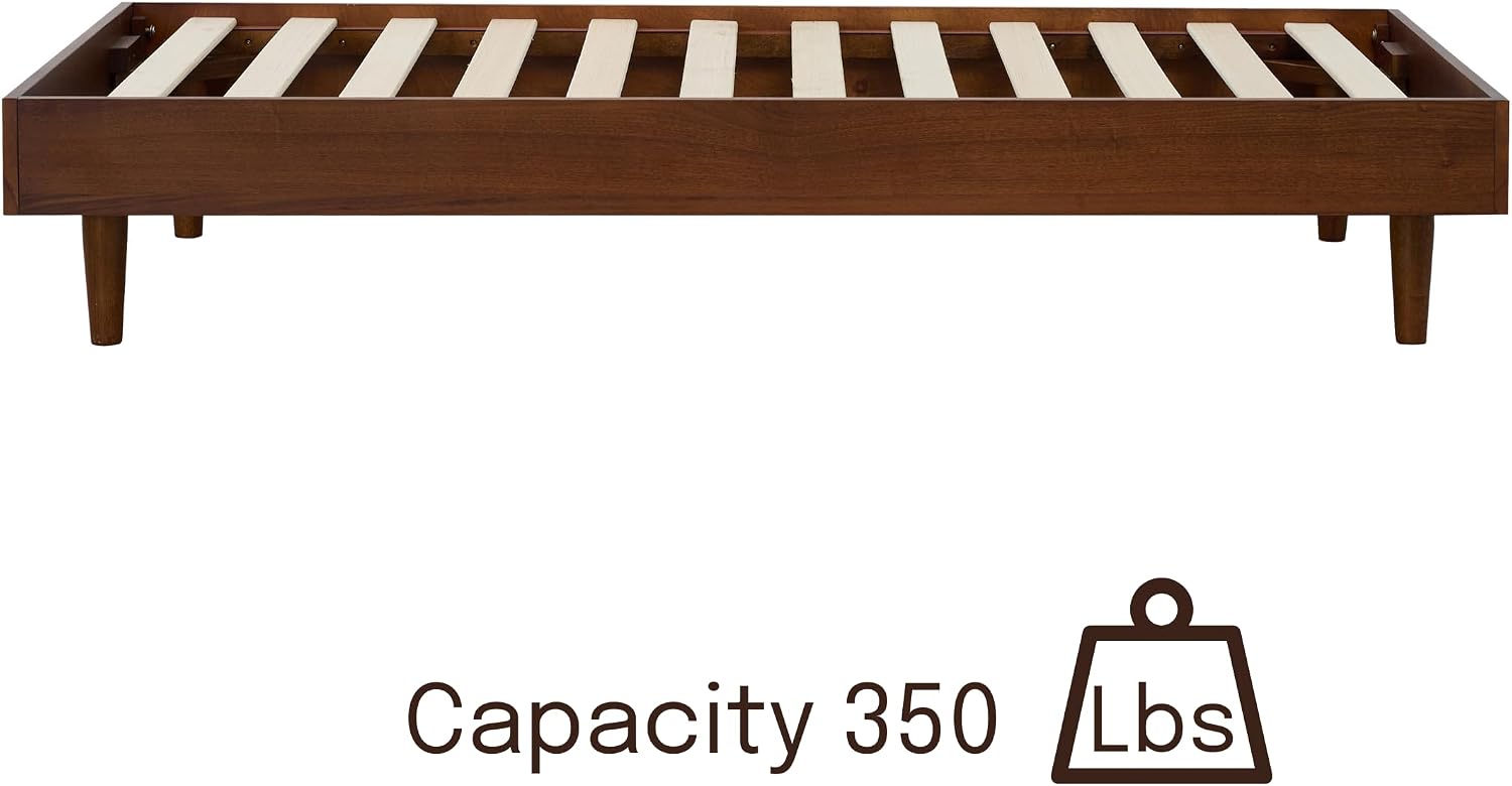 NTC Fly Wooden Bed Frame Without Headboard, Solid Wood Foundation with Silent Slats and Wood Central Supports, 350Lb Capacity, Effortless Assembly, Twin - Dark Walnut