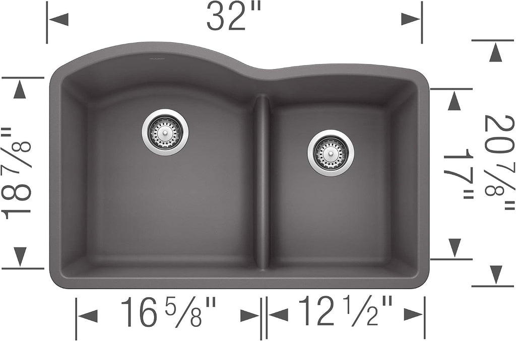 BLANCO, Cinder 441591 DIAMOND SILGRANIT 60/40 Double Bowl with Low Divide Undermount Kitchen Sink, 32' X 21'