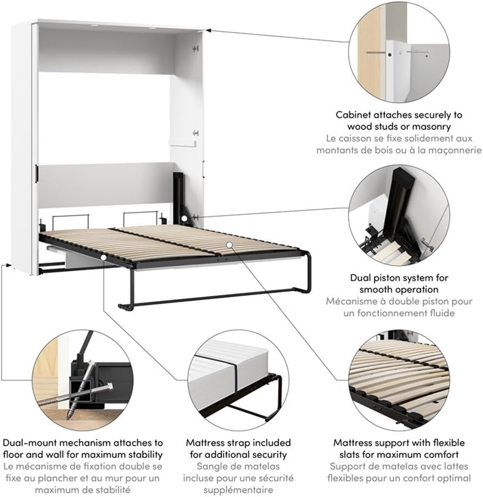 Pemberly Row 61' Engineered Wood Full Murphy Bed with Desk, White Finish, Space-Saving Bedroom Furniture Set, Dual Piston Mechanism, Flip-Up Work Surface, Wall-Mount Installation, Durable Steel Frame