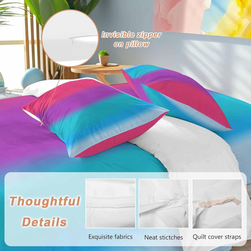 Gradient Art Duvet Cover Set Queen Size 4 Pieces Modern Pink Purple Teal Blue Color Stripes Ombre Bedding Set with Zipper Closure, 1 Comforter Cover 92x106 Inches 1 Flat Sheet & 2 Pillow Cases