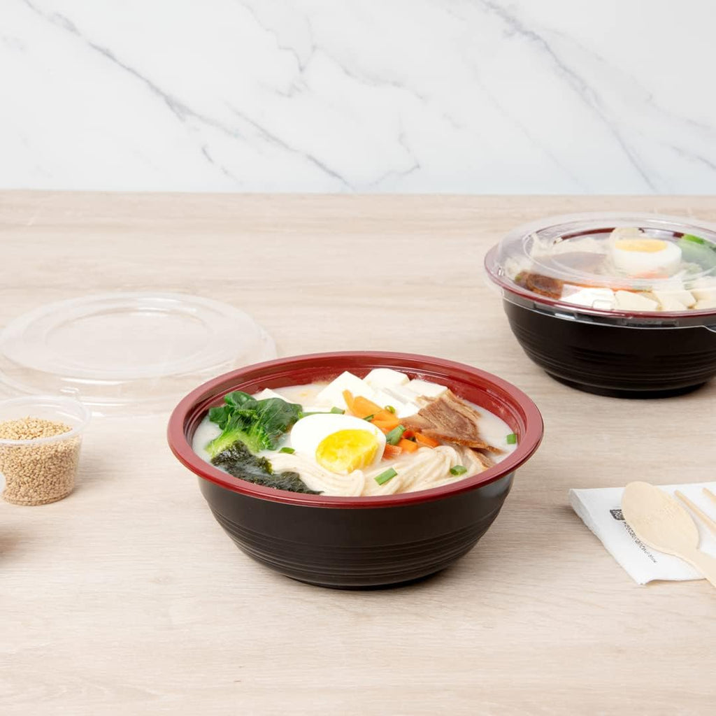 34 Ounce Food Containers, 200 Disposable Salad Bowls - Lids Included, Microwavable, Black And Red Plastic To Go Bowls, Asian Inspired, Perfect For Picnics, Or Take Outs - Restaurantware