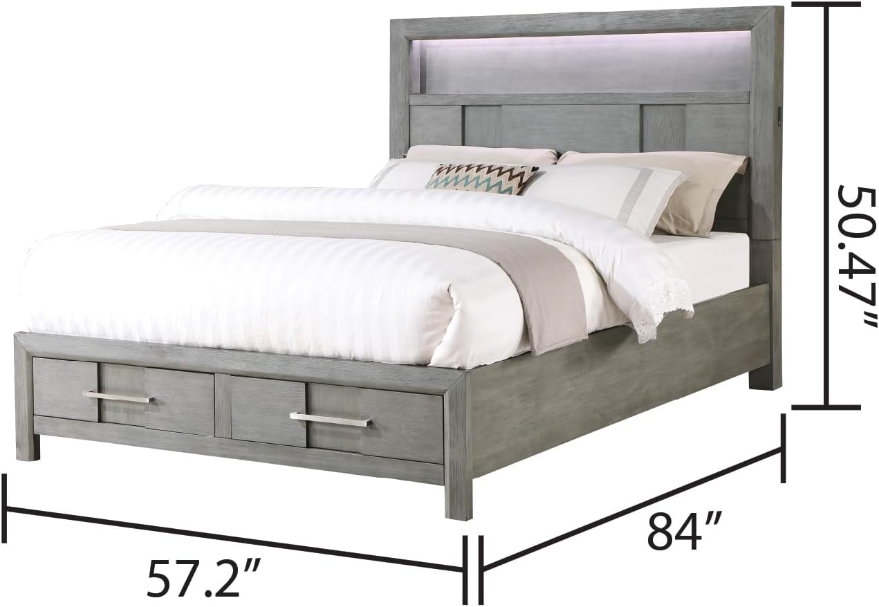 Modern Style Full 4PC Storage Bedroom Set Made with Wood, LED Headboard, Bluetooth Speakers & USB Ports - Grey