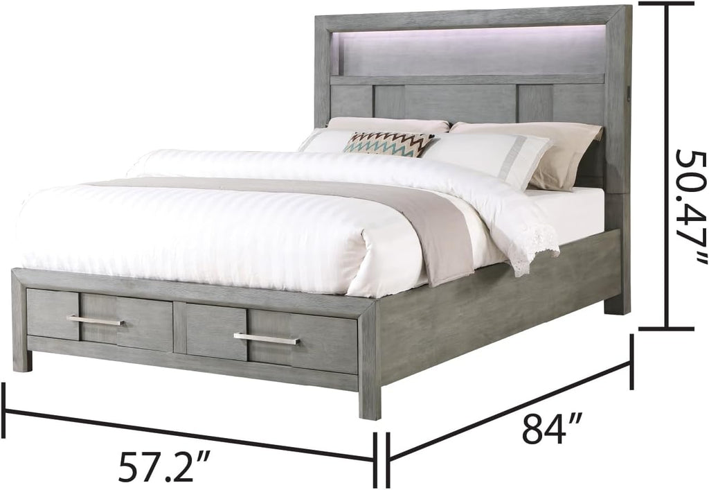 Modern Style Full 4PC Storage Bedroom Set Made with Wood, LED Headboard, Bluetooth Speakers & USB Ports - Grey