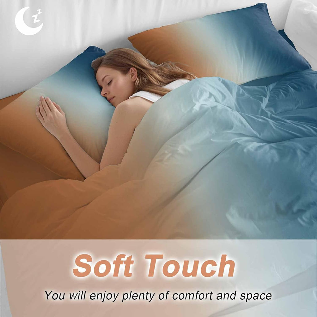 Gradient Orange Blue Duvet Cover Set Queen Size 4 Pieces Modern Abstract Minimalist Blue Ocean Beach Bedding Set with Zipper Closure, 1 Comforter Cover 86x86 Inches 1 Flat Sheet & 2 Pillow Cases