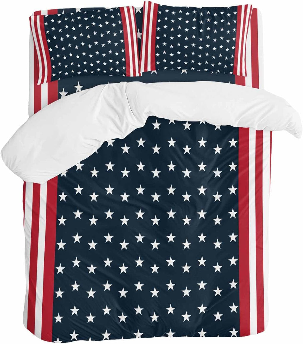 Independence Day Duvet Cover Set Queen Size 4 Pieces U.S. Flag Themed White Five-Pointed Star Bedding Set with Zipper Closure, 1 Comforter Cover 92x106 Inches 1 Flat Sheet & 2 Pillow Cases