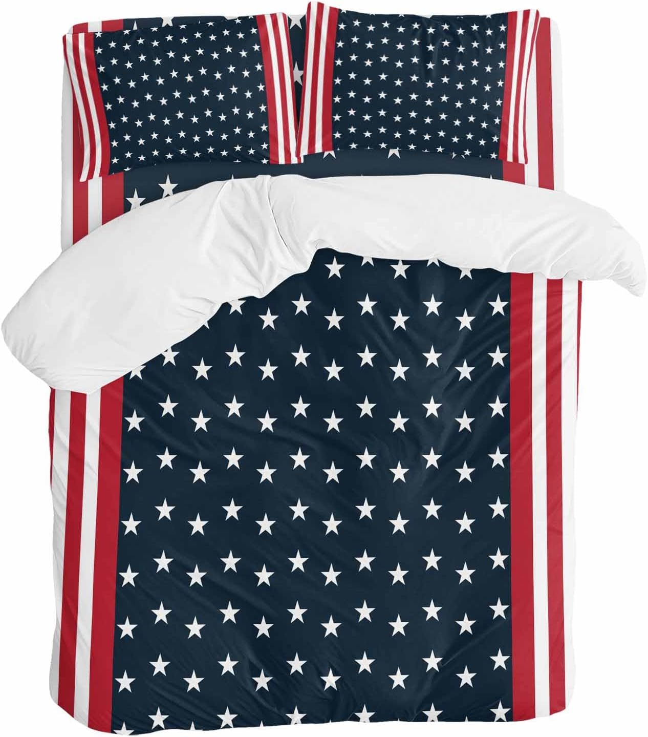 Independence Day Duvet Cover Set Queen Size 4 Pieces U.S. Flag Themed White Five-Pointed Star Bedding Set with Zipper Closure, 1 Comforter Cover 92x106 Inches 1 Flat Sheet & 2 Pillow Cases