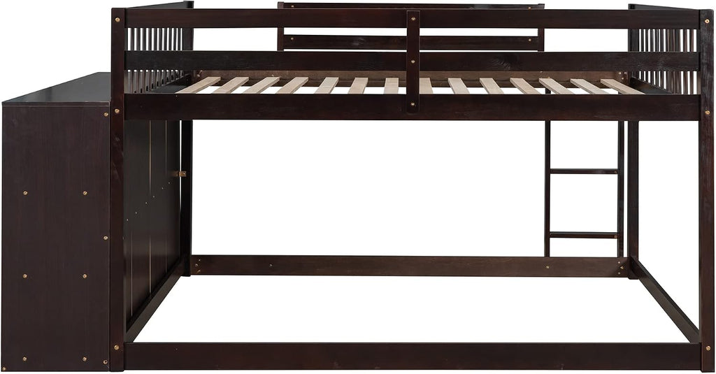 Full-Over-Full Size Bunk Bed, Bedroom Furniture Pine Wood Bed Frame with Storage Drawers and Open Shelves, Drawers and Shelves Set Can Be Moved, for Kids & Teens (Espresso)