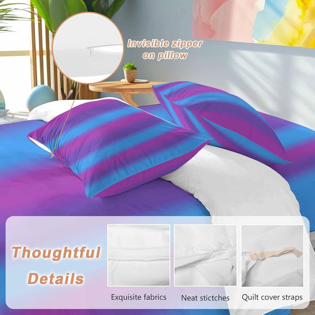 Color Striped Gradient Duvet Cover Set Queen Size 4 Pieces Modern Pink Purple Blue Minimalist Art Bedding Set with Zipper Closure, 1 Comforter Cover 86x86 Inches 1 Flat Sheet & 2 Pillow Cases
