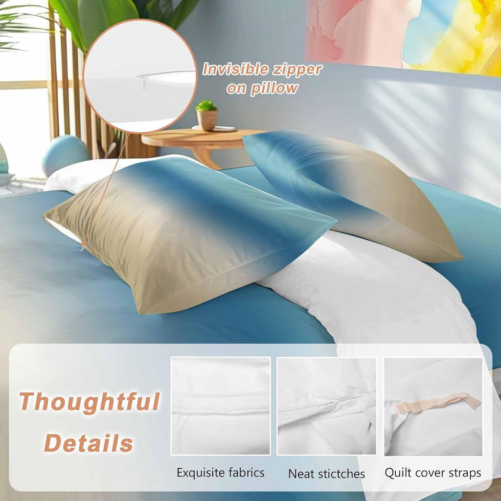 Prime Leader Gradient Blue Duvet Cover Set Queen Size 4 Pieces Modern Minimalist Blue Brown Ocean Beach Bedding Set with Zipper Closure, 1 Comforter Cover 86x86 Inches 1 Flat Sheet & 2 Pillow Cases