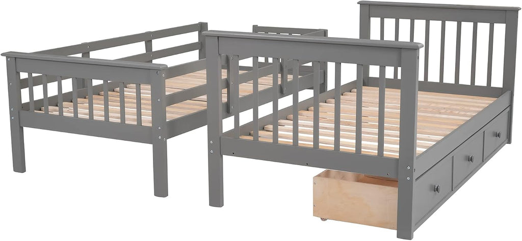Merax Twin Over Twin Stairway Bunk Bed with 3 Storage Drawers and Staircase, Solid Wood Storage Bunk Bed Frame with Guardrail, Can be Separated into 2 Beds, Grey