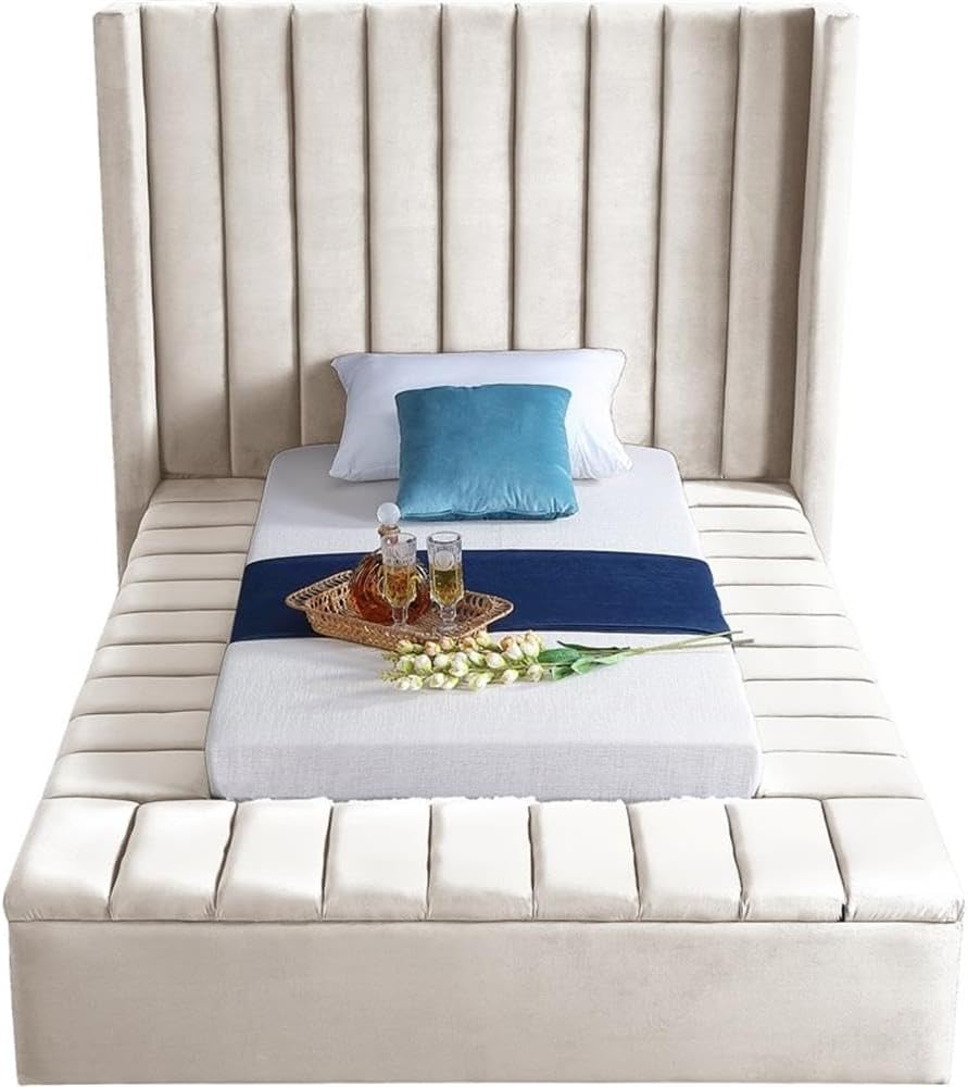 Meridian Furniture Kiki Collection Modern | Contemporary Velvet Upholsterd Bed with Channel Tufting, Siderails and Footboard Storage Compartments, Twin, Cream