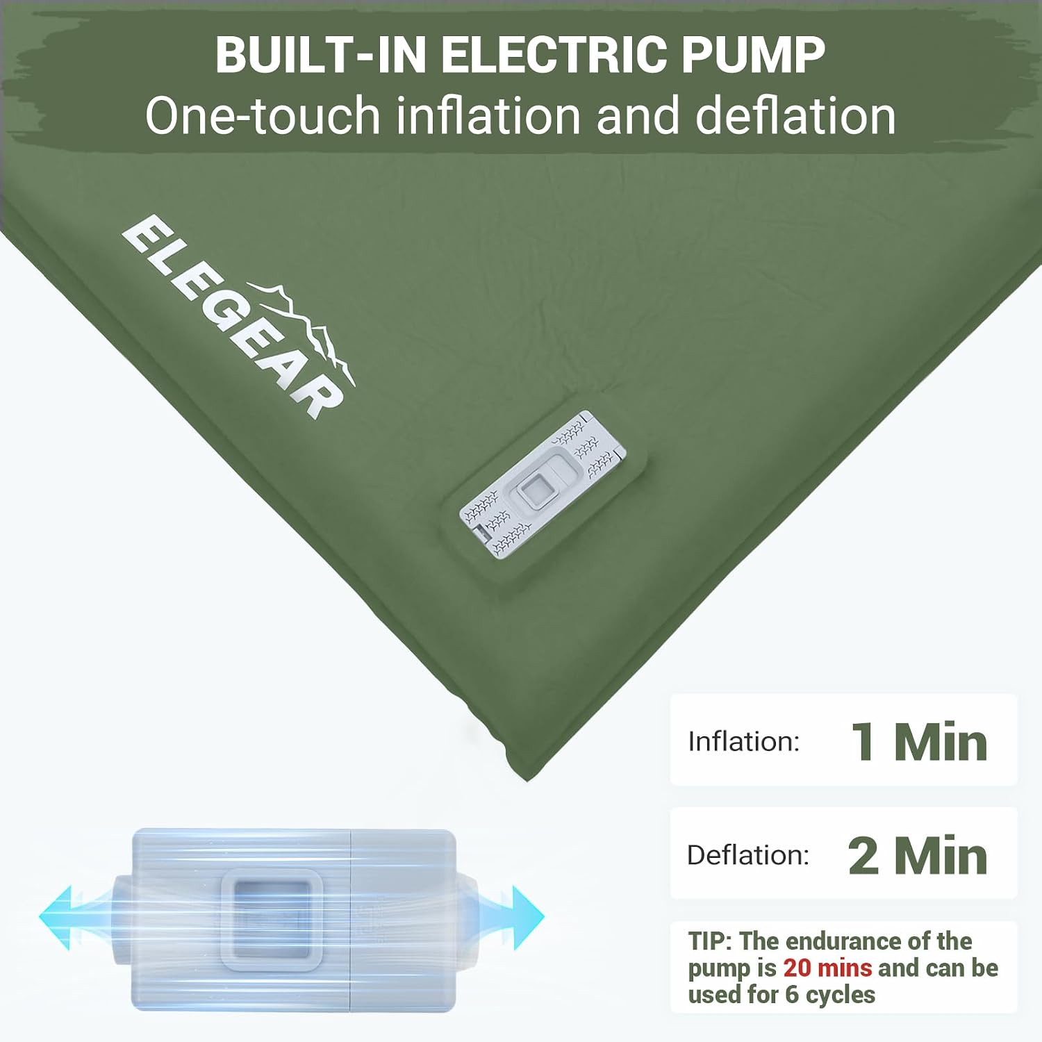 Elegear CumbreX™ Self Inflating Sleeping Pad, Built-in Electric Pump 3.15' Ultra-Thick Memory Foam Camping Mattress Pad with Pillow Double Sleeping Pad for Camping R-Value 9.5 Foam Camp Pad - Full