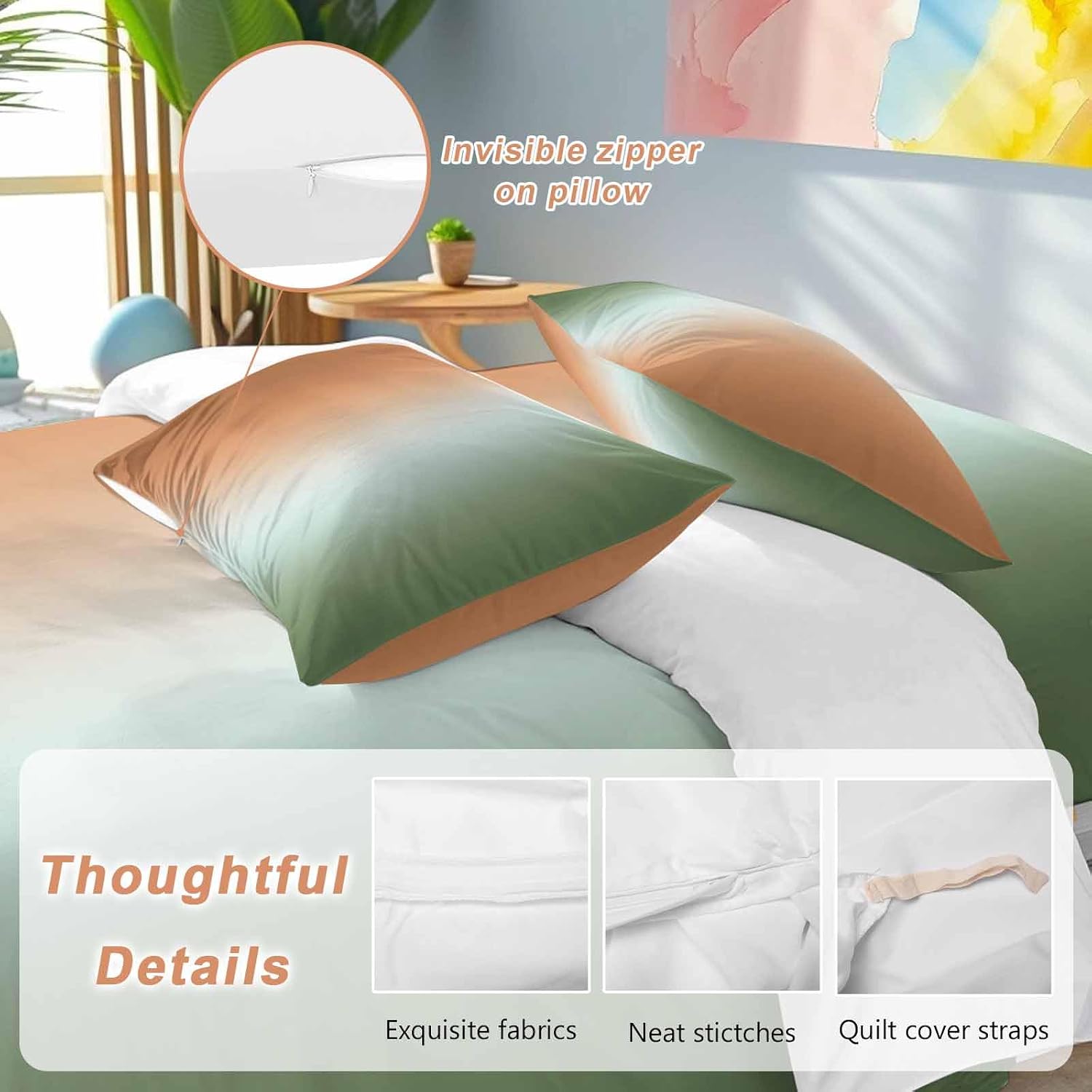 Gradient Sage Green Duvet Cover Set Queen Size 4 Pieces Modern Minimalist Orange Green Ocean Beach Bedding Set with Zipper Closure, 1 Comforter Cover 86x86 Inches 1 Flat Sheet & 2 Pillow Cases