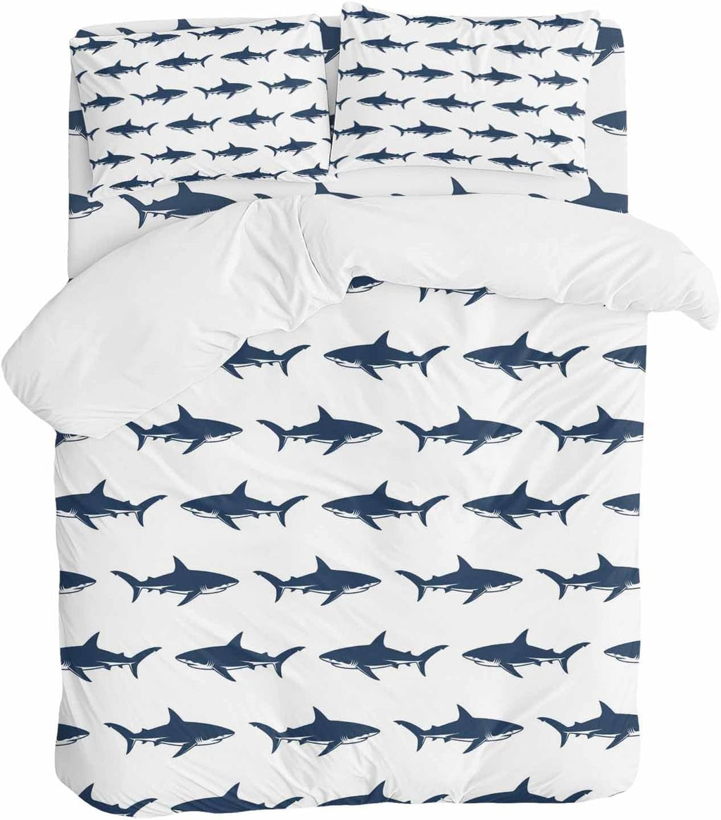 Prime Leader Abstract Sharks Duvet Cover Set Queen Size 4 Pieces Navy Blue Fish Simple Style Ocean Life Bedding Set with Zipper Closure, 1 Comforter Cover 92x106 Inches 1 Flat Sheet & 2 Pillow Cases