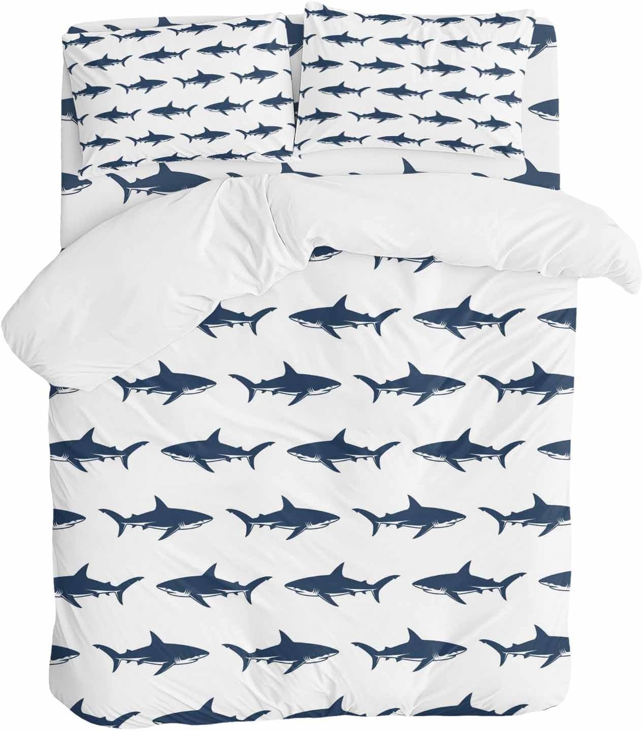 Prime Leader Abstract Sharks Duvet Cover Set Queen Size 4 Pieces Navy Blue Fish Simple Style Ocean Life Bedding Set with Zipper Closure, 1 Comforter Cover 92x106 Inches 1 Flat Sheet & 2 Pillow Cases