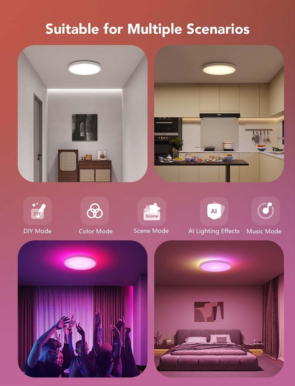 Govee Smart Ceiling Light, RGBIC LED Ceiling Light Fixture, 2400LM Flush Mount Light Fixture, DIY Colors, Works with Alexa, 2700K-6500K Lights for Bedroom, Living Room,12 Inch, (White 2 Packs)