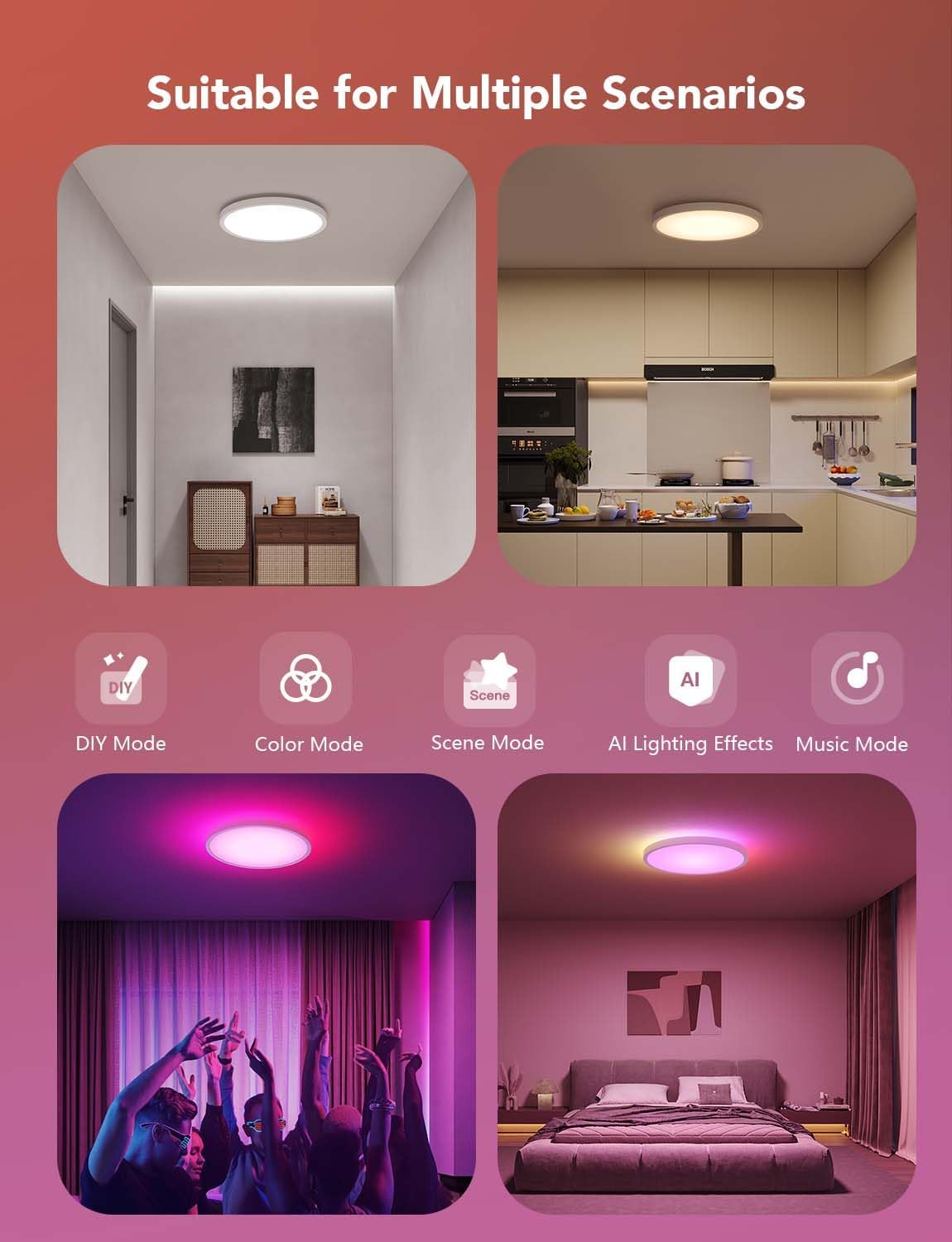 Govee Smart Ceiling Light, RGBIC LED Ceiling Light Fixture, 2400LM Flush Mount Light Fixture, DIY Colors, Works with Alexa, 2700K-6500K Lights for Bedroom, Living Room,12 Inch, (White 2 Packs)