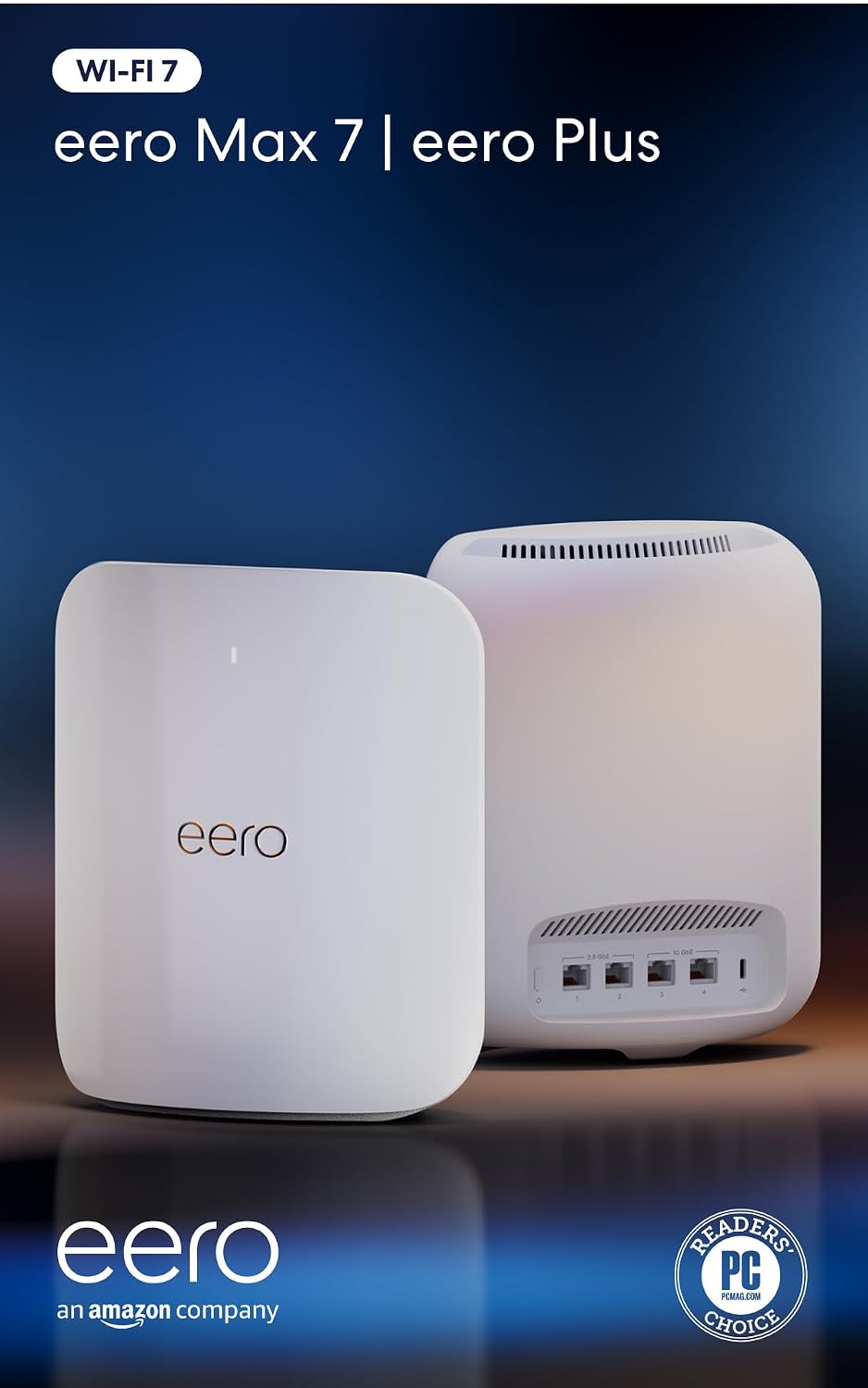Amazon eero Max 7 mesh wifi system with eero Plus annual (auto-renews) - Supports internet plans up to 10 Gbps, Coverage up to 5,000 sq. ft., Connect 500+ devices, 2-pack