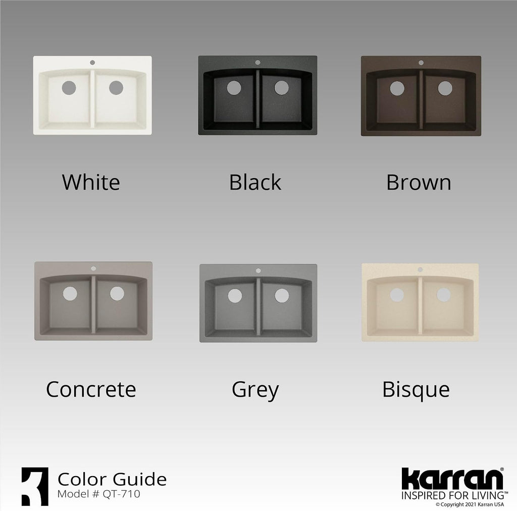 Karran QT-710 33 Inch Top Mount Double Bowl Kitchen Sink, 50/50 Low Divide Quartz Composite Drop-In Sink, Rear Drain, Heat and Scratch Resistant, Black