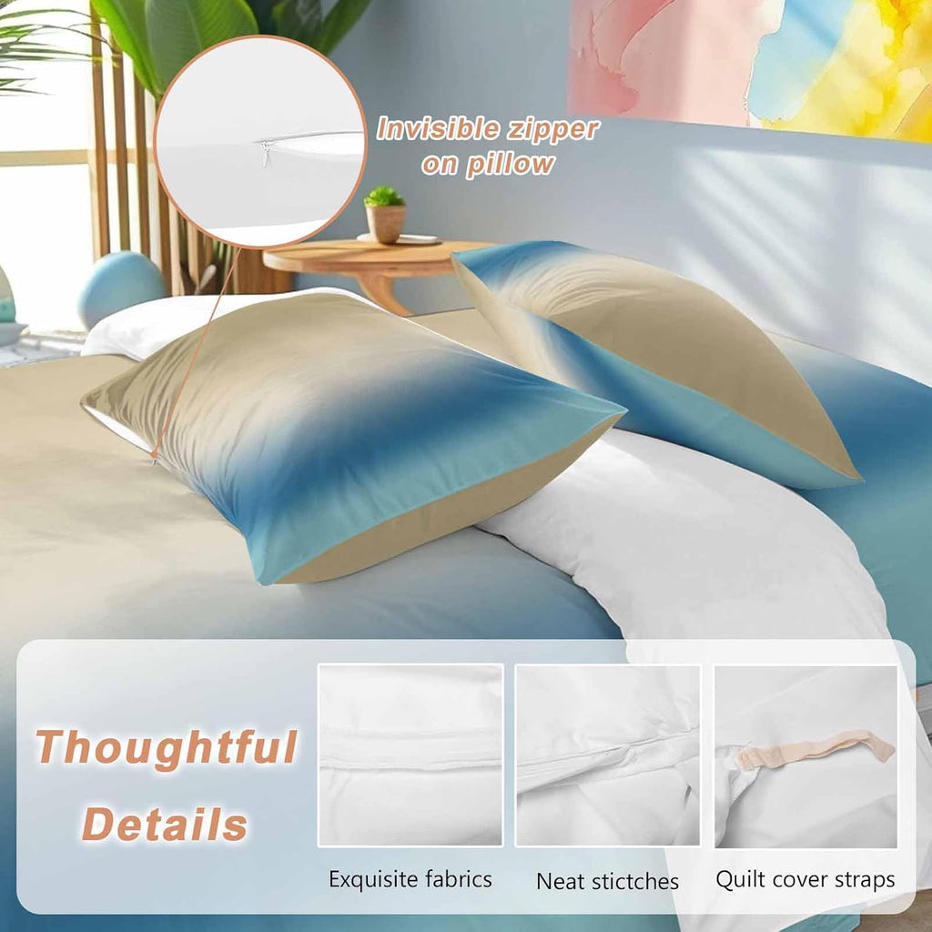 Gradient Brown Blue Duvet Cover Set Queen Size 4 Pieces Modern Abstract Minimalist Beige Ocean Beach Bedding Set with Zipper Closure, 1 Comforter Cover 86x86 Inches 1 Flat Sheet & 2 Pillow Cases
