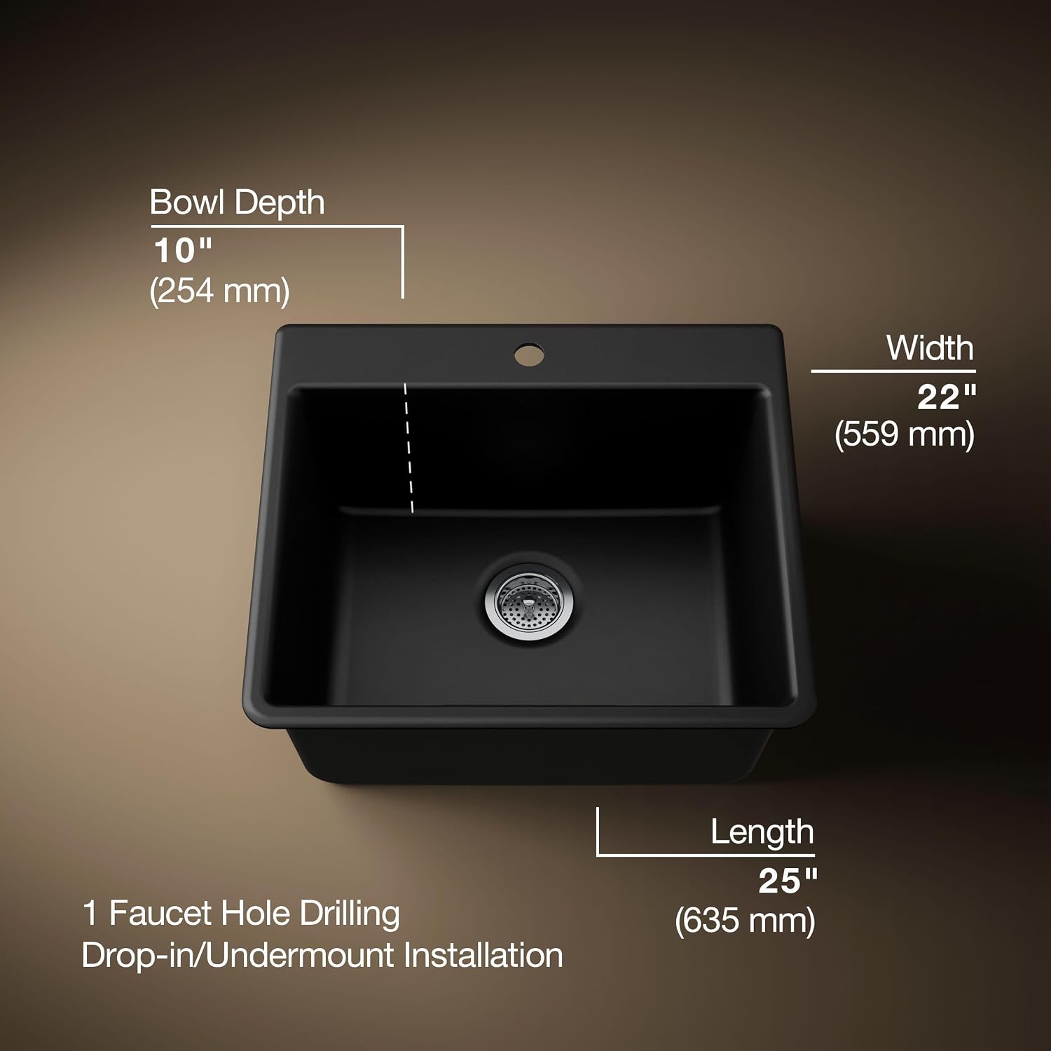 KOHLER 28003-1-CM1 Kennon® 25' Top-/Undermount Single-Bowl Kitchen Sink, Includes Sink Rack, Matte Black