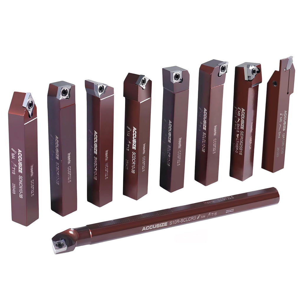 Accusize Industrial Tools 5/8' Shank 9-Piece Indexable Turning & Boring Tool Set, Uncoated Sharp-Edge Inserts for Aluminum, 3988-0058