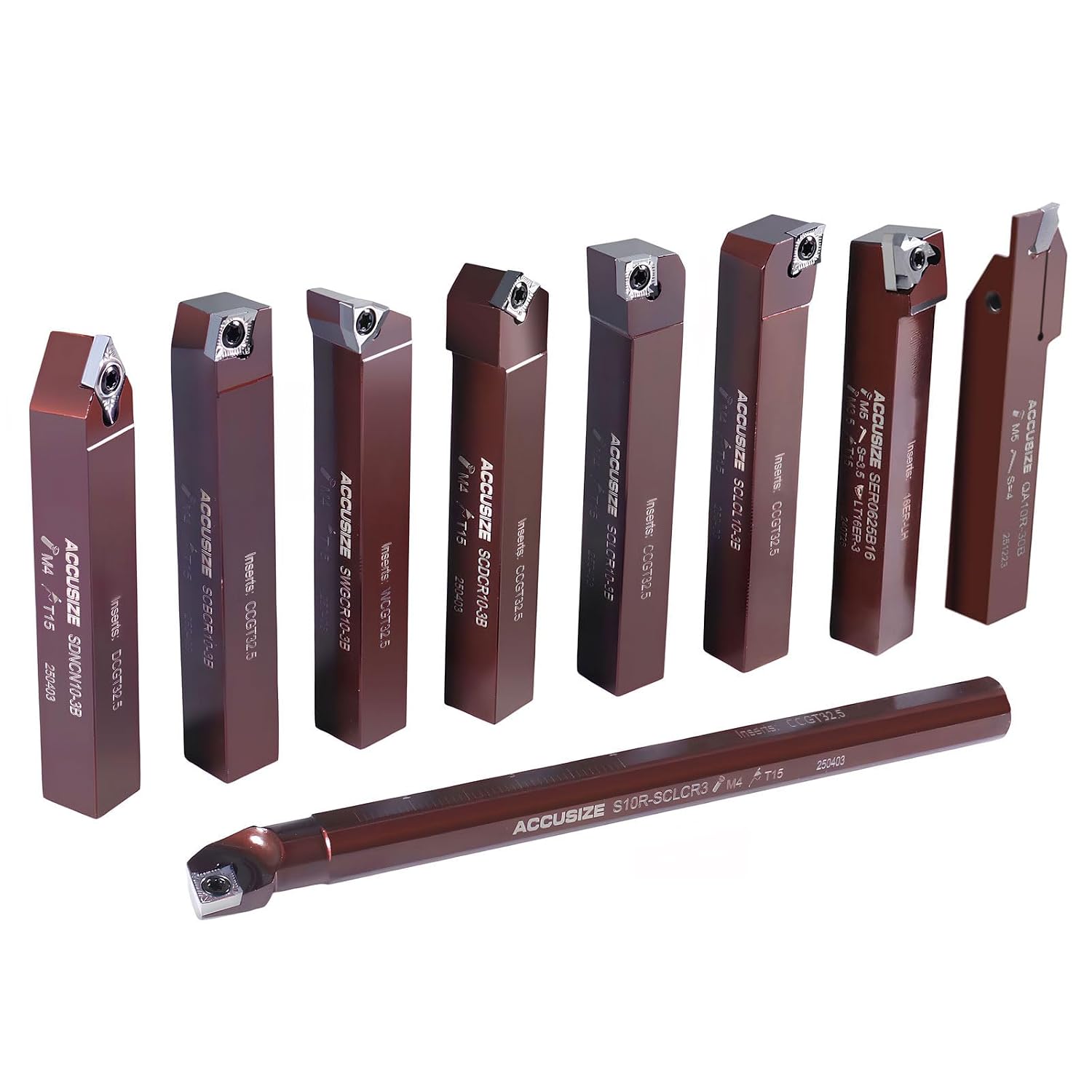 Accusize Industrial Tools 5/8' Shank 9-Piece Indexable Turning & Boring Tool Set, Uncoated Sharp-Edge Inserts for Aluminum, 3988-0058