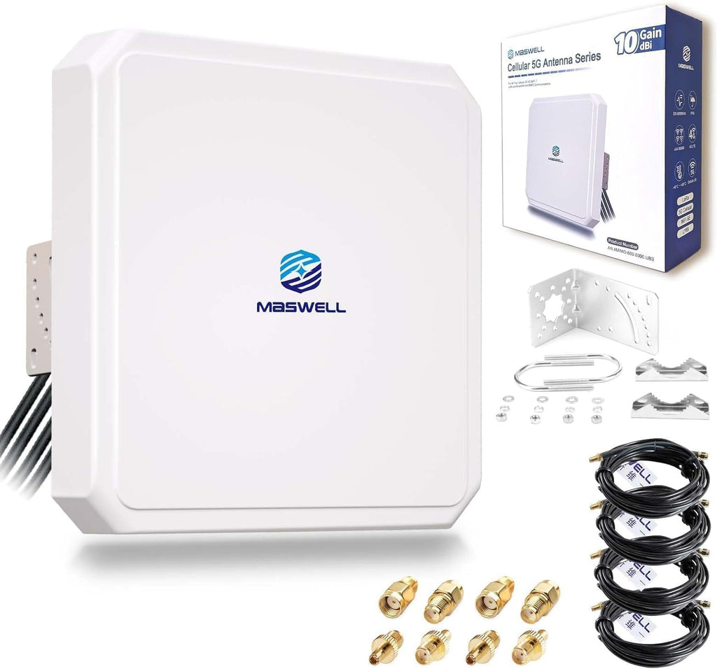 Maswell 4MIMO_Ultra: 4G LTE 5G Panel Antenna, 10dBi High Gain 4X4 MIMO External Antenna, 600-8000MHz for 4G/5G Routers & Gateways for T-Mobile Home Internet, Verizon, AT&T, WiFi 7 Ready (Complete Kit)