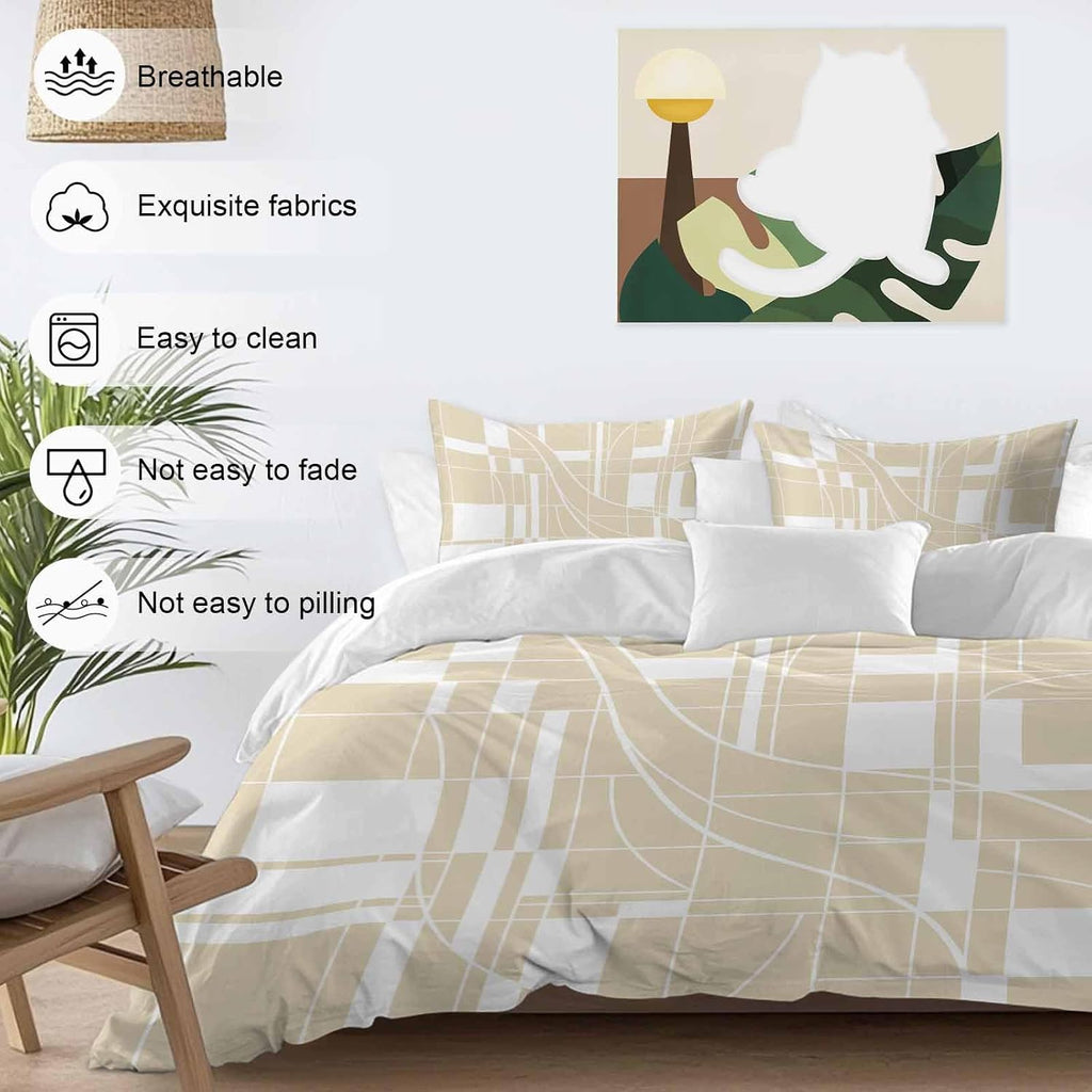Prime Leader Lines Duvet Cover Set Queen Size 4 Pieces Abstarct Geometric White Lines Plaid Light Brown Bedding Set with Zipper Closure, 1 Comforter Cover 92x106 Inches 1 Flat Sheet & 2 Pillow Cases